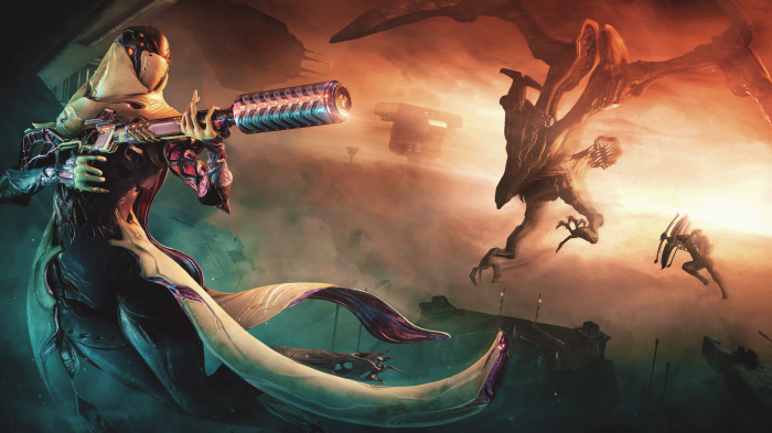 Warframe character with sniper rifle fighting creatures