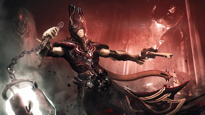 Warframe character with gun and chain weapon