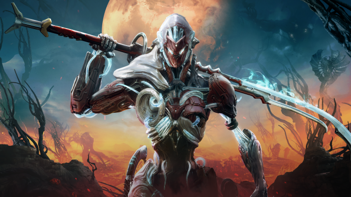 Warframe character with glowing sword 4K