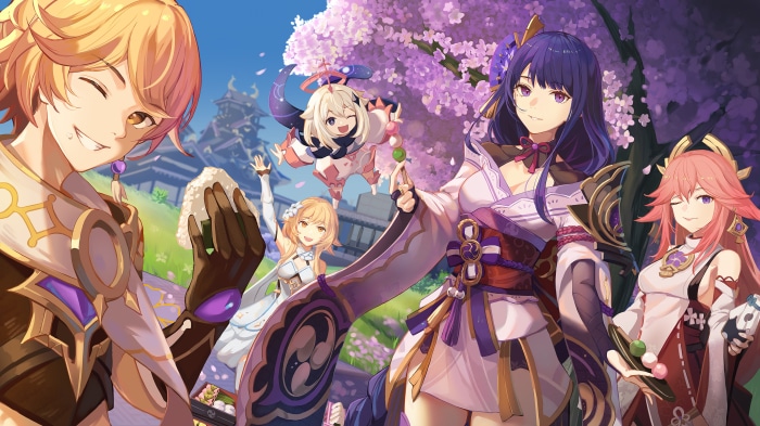 Aether, Lumine, Paimon, Raiden Shogun, and Yae Miko from Genshin Impact