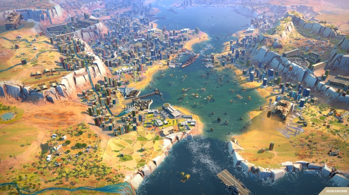 Humankind city on a bay with mountains