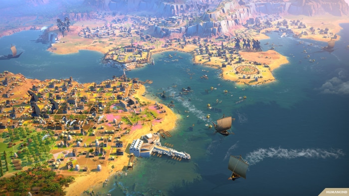 Humankind city and ships on the coast