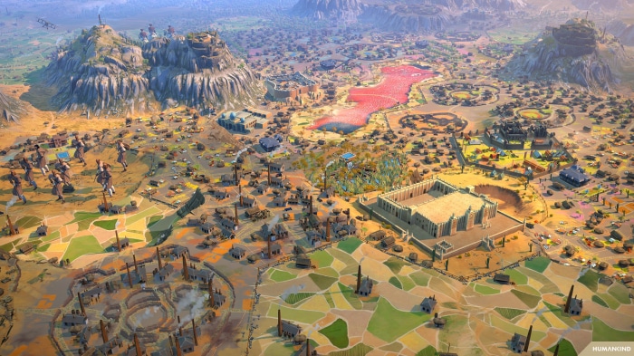 Humankind city with mountains and red lake