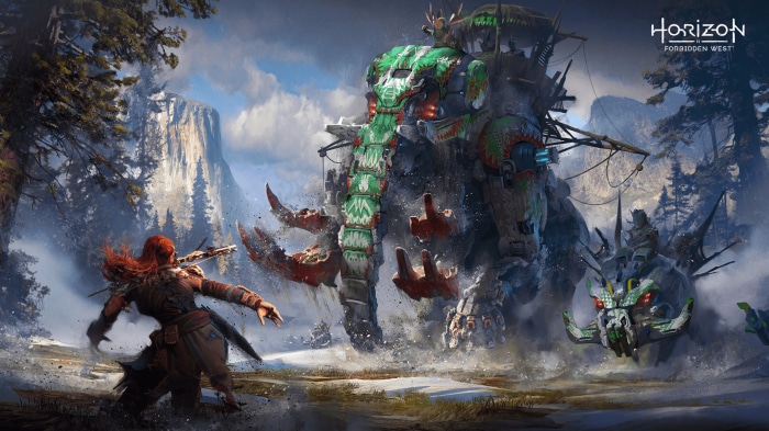 Aloy from Horizon Forbidden West fighting a large machine
