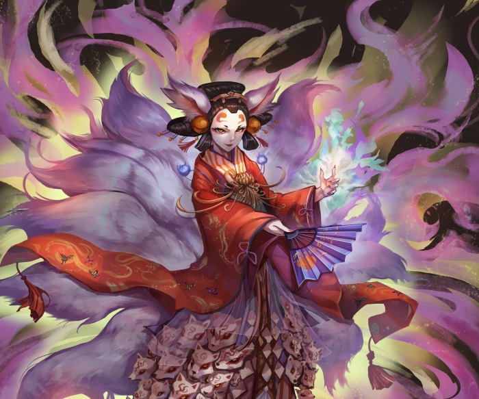 Kitsune Onmyoji with multiple tails and fan