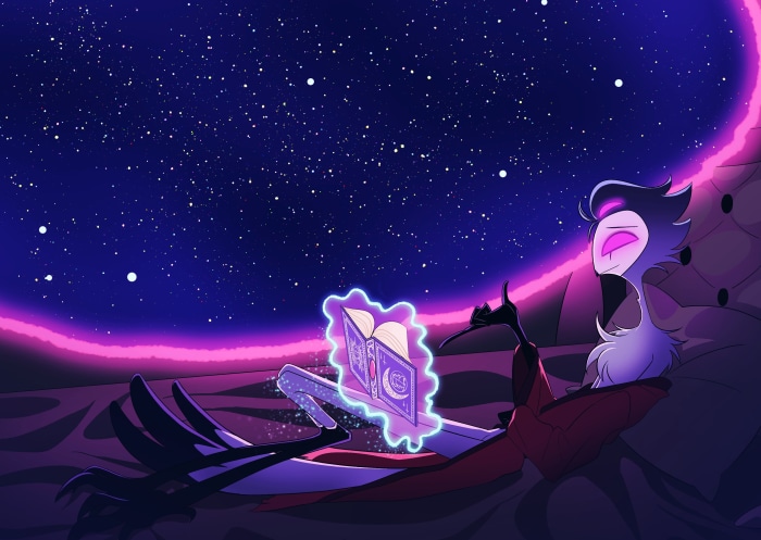Stolas from Helluva Boss reading a magical book