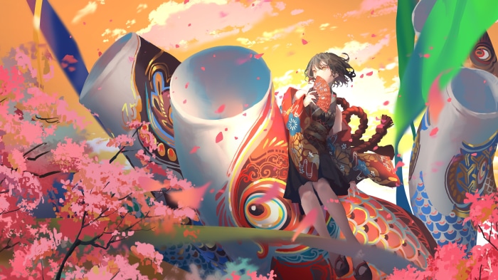 Girl with Koinobori and Cherry Blossoms 4K