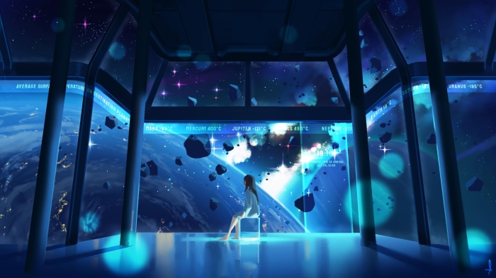 Girl in space observatory looking at planets