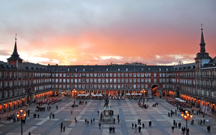 Plaza Mayor in Madrid, Spain at sunset