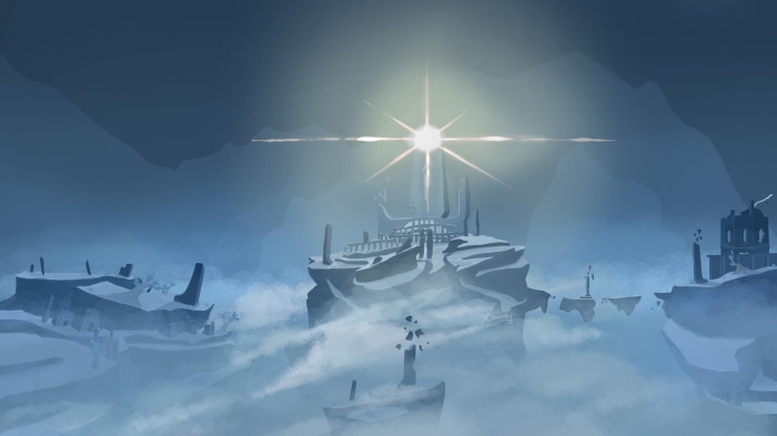 Floating islands with ancient ruins and a bright light