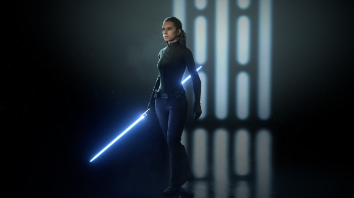 Rey from Star Wars holding a lightsaber
