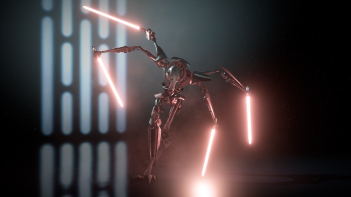 General Grievous from Star Wars attacking with lightsabers