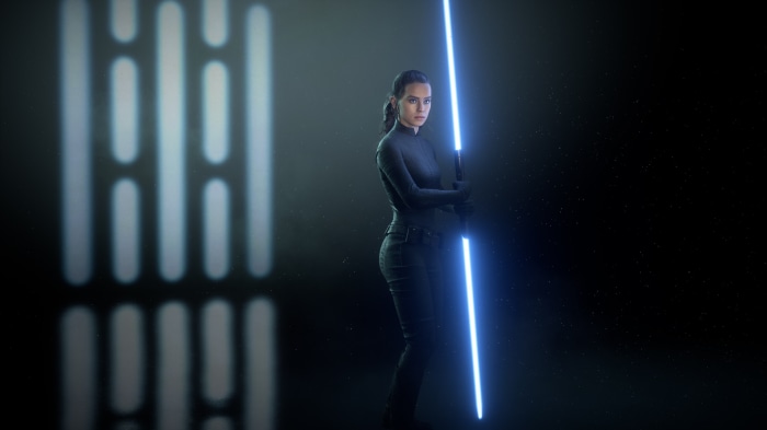 Rey from Star Wars holding a blue lightsaber