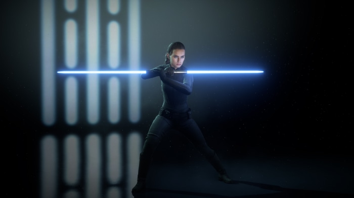 Rey from Star Wars with a blue lightsaber