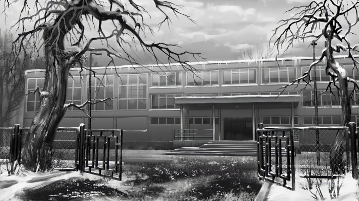 School building in winter with bare trees and snow