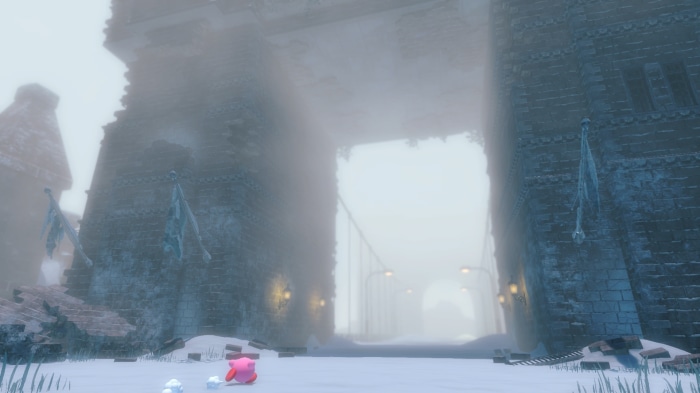 Kirby from Kirby and the Forgotten Land in snowy ruins