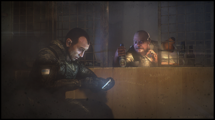 Strelok from Metro series with a man drinking beer