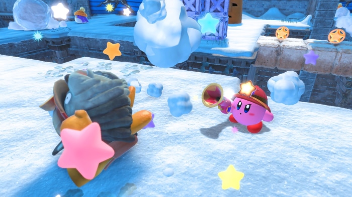 Kirby from Kirby and the Forgotten Land fighting in snow