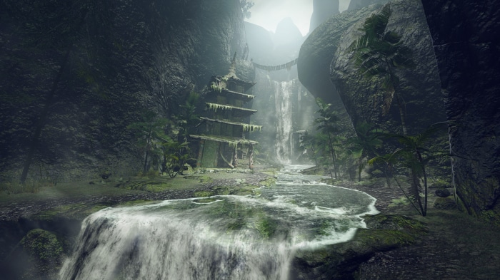 Ancient temple ruins by a waterfall in a jungle