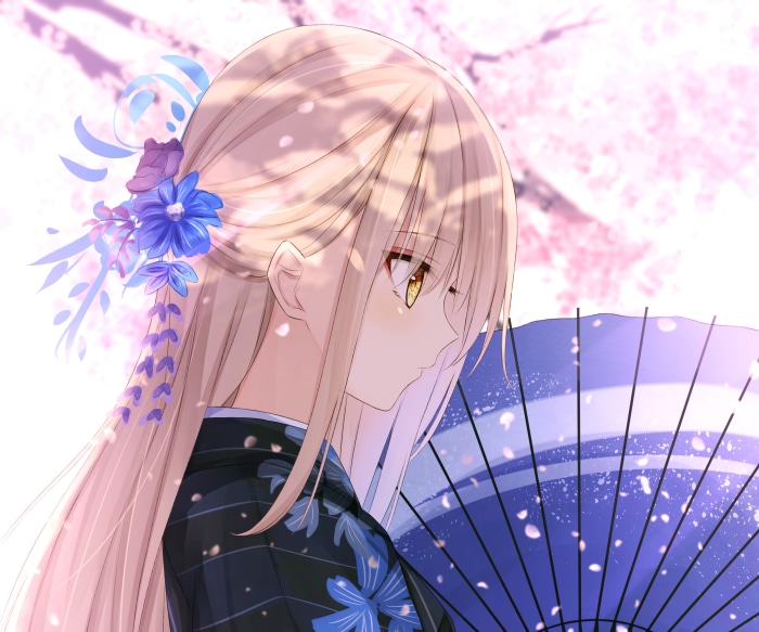 Girl in Kimono with Blue Flowers and Umbrella
