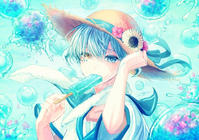 Anime boy with heterochromia eating popsicle