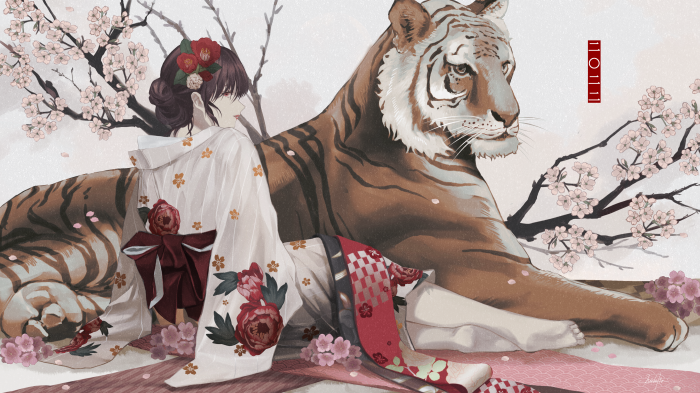 Girl in Kimono with Tiger and Cherry Blossoms