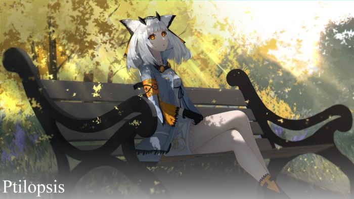 Ptilopsis from Arknights sitting on a park bench