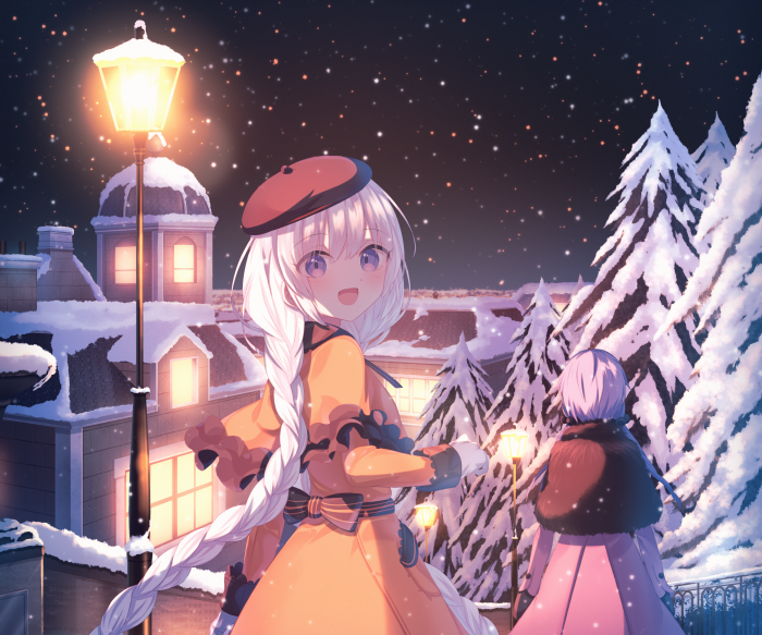 Anime girls in winter city at night