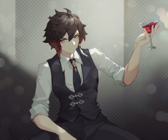 Zhongli from Genshin Impact with a drink