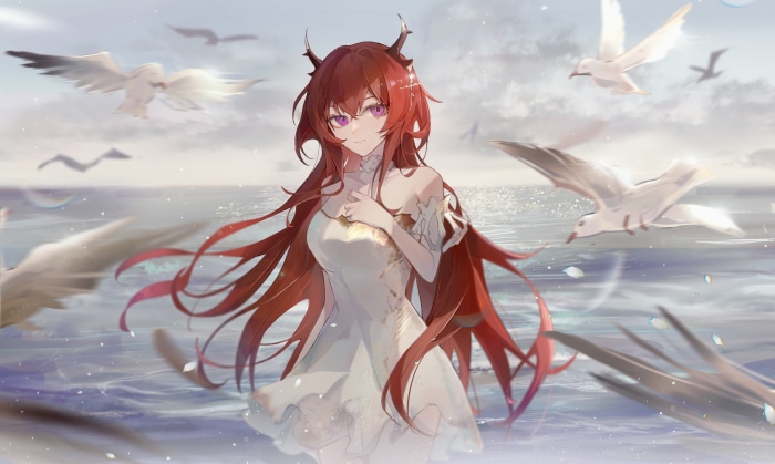 Surtr from Arknights by the sea with seagulls