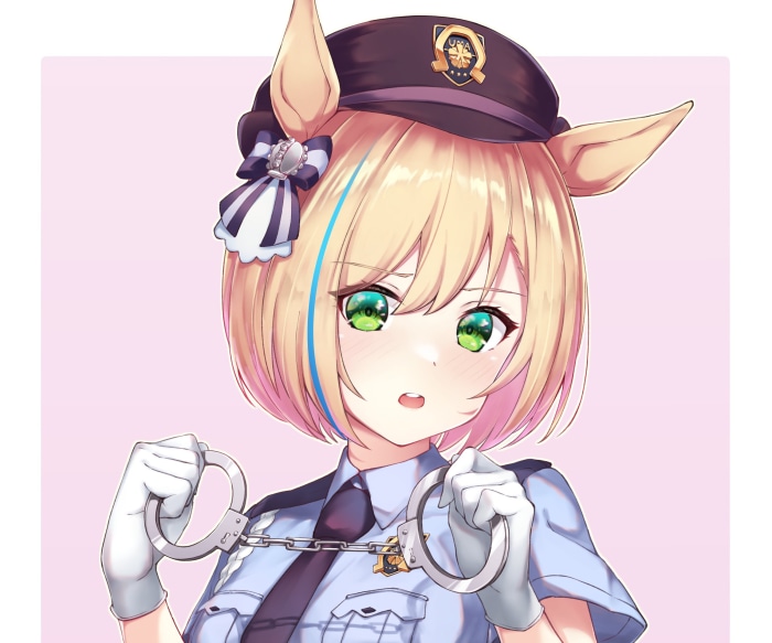 Special Week from Uma Musume: Pretty Derby holding handcuffs