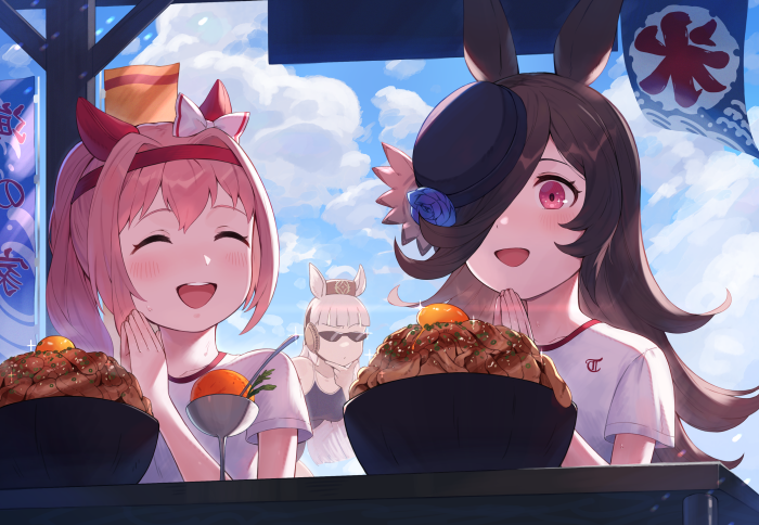 Gold Ship and Haru Urara from Uma Musume: Pretty Derby eating