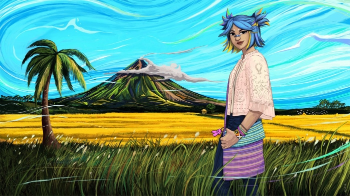 Neon from Valorant in a field with a volcano