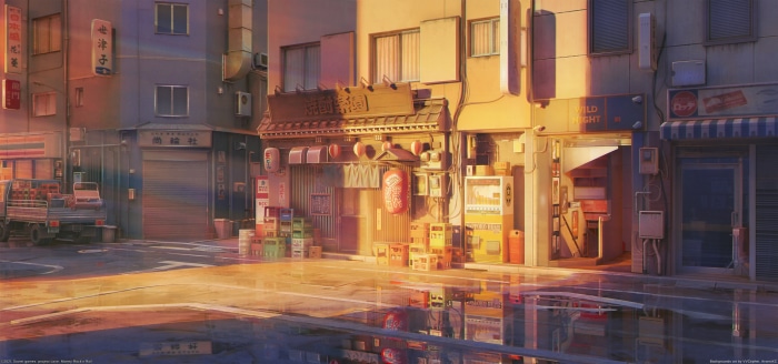 Japanese street with shops and truck at sunset
