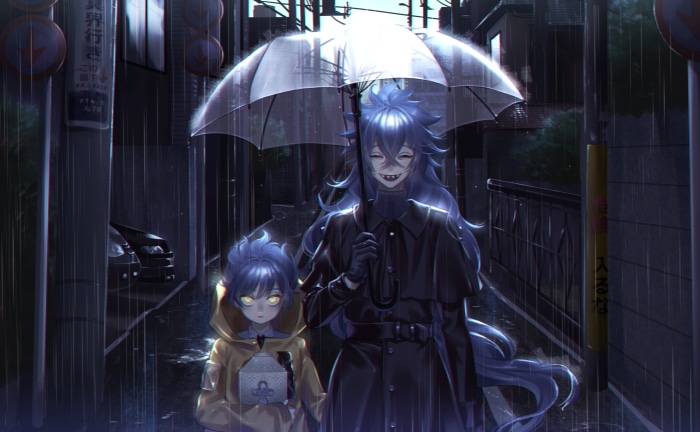 Idia and Ortho Shroud from Twisted Wonderland in the rain