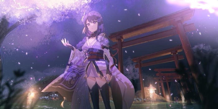 Raiden Shogun from Genshin Impact under cherry blossoms