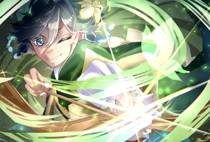 Venti from Genshin Impact drawing a bow