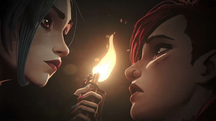 Jinx and Vi from Arcane with a lighter