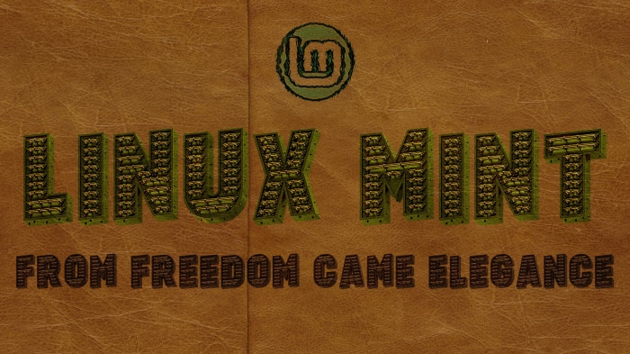 Linux Mint logo and slogan on leather texture