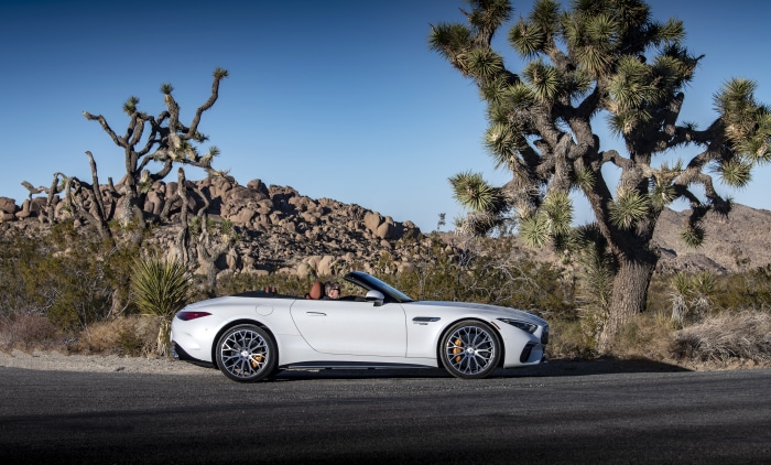 White Mercedes-AMG SL Cabriolet in Desert Landscape