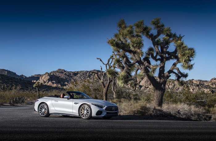 White Mercedes-AMG SL Cabriolet in desert landscape