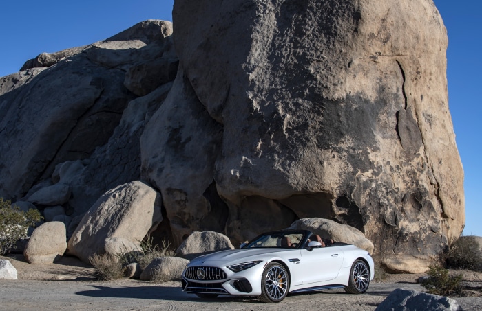White Mercedes-AMG SL Cabriolet in desert landscape