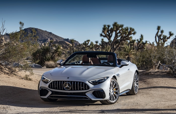 White Mercedes-AMG SL Cabriolet in desert landscape