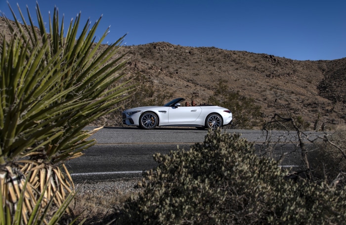 White Mercedes-AMG SL Cabriolet on Desert Road