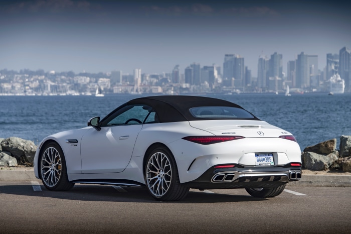 White Mercedes-AMG SL 55 4MATIC Cabriolet by the water