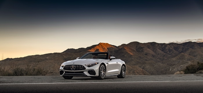 White Mercedes-AMG SL Cabriolet on Desert Road