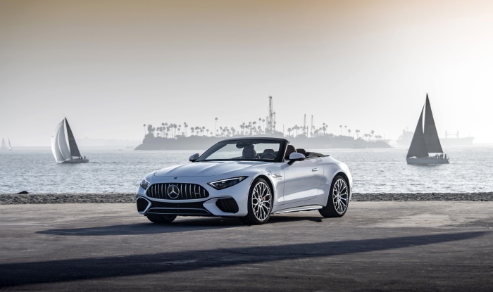 White Mercedes-AMG SL Cabriolet by the ocean