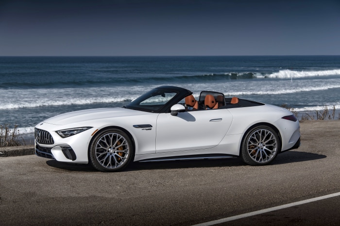 White Mercedes-AMG SL Cabriolet by the ocean