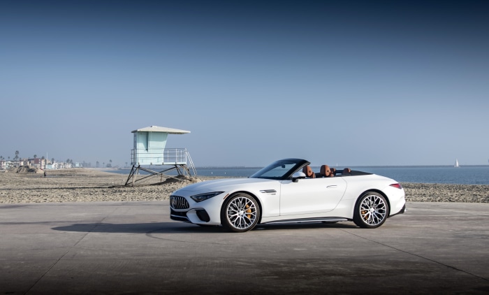 White Mercedes-AMG SL Cabriolet on Beach Road
