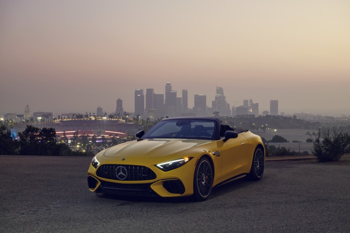 Yellow Mercedes-AMG SL Cabriolet with Los Angeles Skyline
